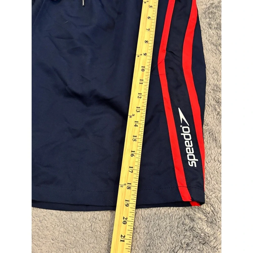 Speedo Swim Trunks Mens XL Navy Blue Mesh Lined Stripe Swimsuit Pockets